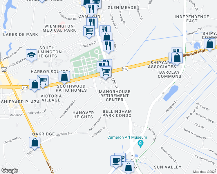 map of restaurants, bars, coffee shops, grocery stores, and more near 2716 South 17th Street in Wilmington