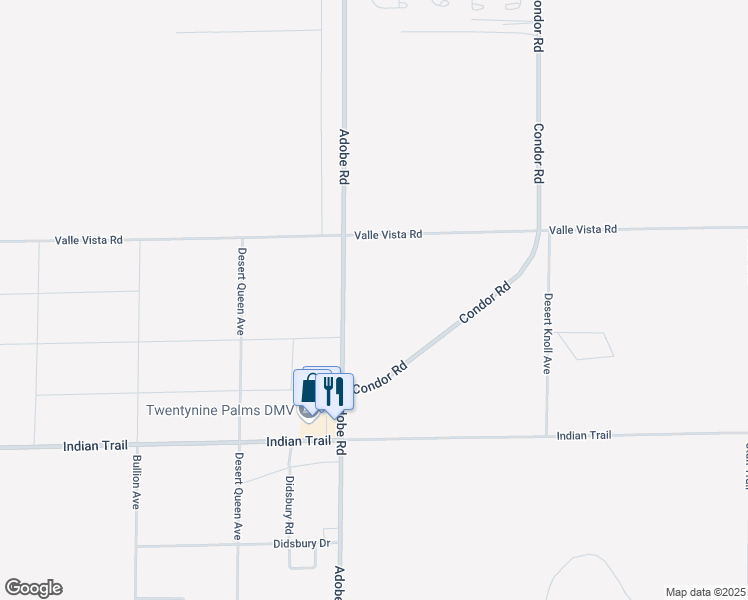 map of restaurants, bars, coffee shops, grocery stores, and more near Adobe Road in Twentynine Palms