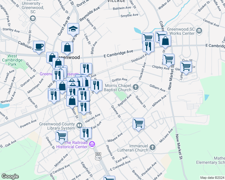 map of restaurants, bars, coffee shops, grocery stores, and more near 322 Byrd Street in Greenwood