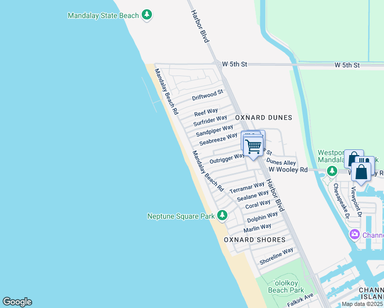 map of restaurants, bars, coffee shops, grocery stores, and more near 1015 Mandalay Beach Road in Oxnard