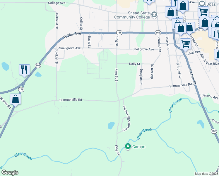 map of restaurants, bars, coffee shops, grocery stores, and more near 526 King Street in Boaz