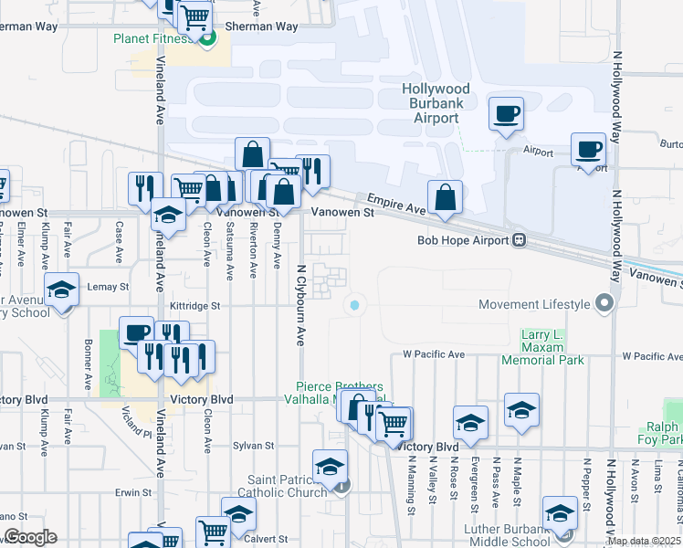 map of restaurants, bars, coffee shops, grocery stores, and more near 6622 Clybourn Avenue in Los Angeles
