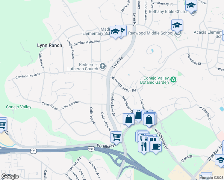 map of restaurants, bars, coffee shops, grocery stores, and more near 931 Shadow Lake Drive in Thousand Oaks