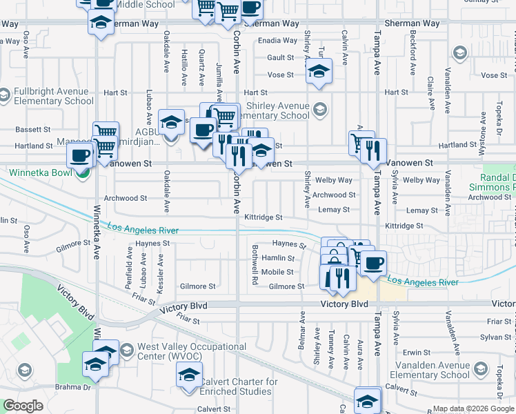 map of restaurants, bars, coffee shops, grocery stores, and more near 19648 Kittridge Street in Los Angeles