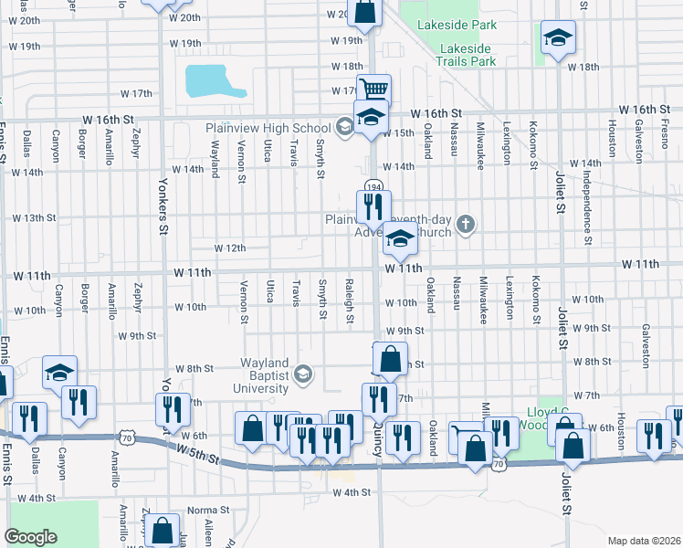 map of restaurants, bars, coffee shops, grocery stores, and more near 1004 Raleigh Street in Plainview
