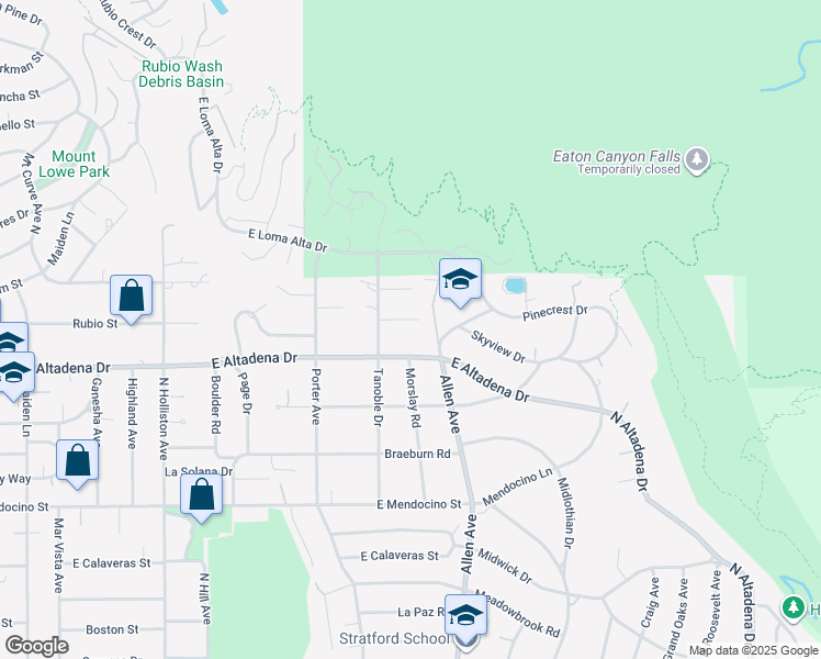 map of restaurants, bars, coffee shops, grocery stores, and more near 1825 East Altadena Drive in Altadena