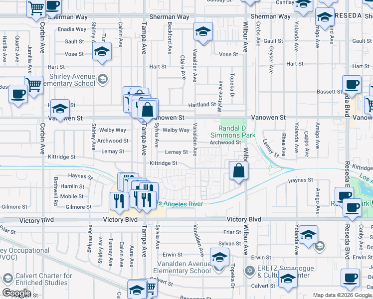 map of restaurants, bars, coffee shops, grocery stores, and more near 19119 Lemay Street in Los Angeles