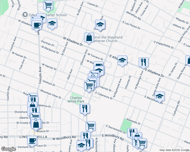 map of restaurants, bars, coffee shops, grocery stores, and more near 23 West Mendocino Street in Altadena