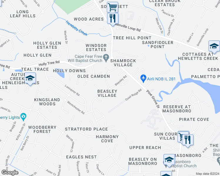 map of restaurants, bars, coffee shops, grocery stores, and more near 285 Beasley Road in Wilmington