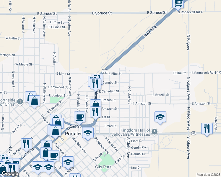 map of restaurants, bars, coffee shops, grocery stores, and more near 930 East Canadian Street in Portales