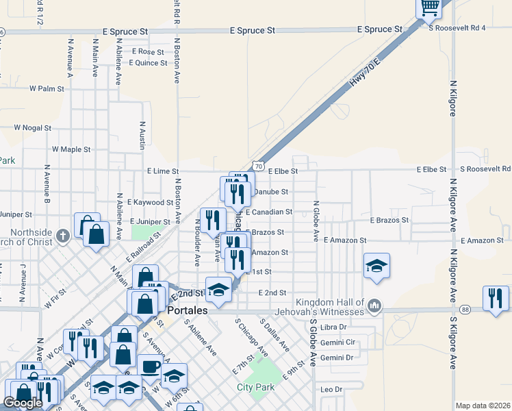 map of restaurants, bars, coffee shops, grocery stores, and more near 304 North Chicago Avenue in Portales