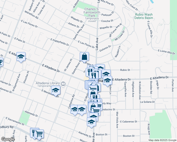 map of restaurants, bars, coffee shops, grocery stores, and more near 751 East Altadena Drive in Altadena