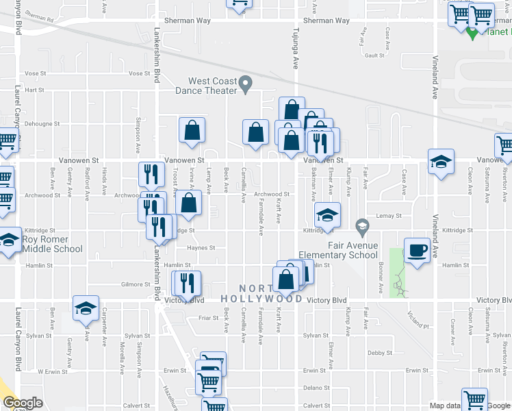 map of restaurants, bars, coffee shops, grocery stores, and more near 6619 Farmdale Avenue in Los Angeles