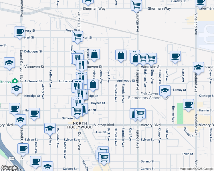 map of restaurants, bars, coffee shops, grocery stores, and more near 6624 Beck Avenue in Los Angeles