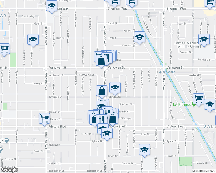 map of restaurants, bars, coffee shops, grocery stores, and more near 6624 Woodman Avenue in Los Angeles
