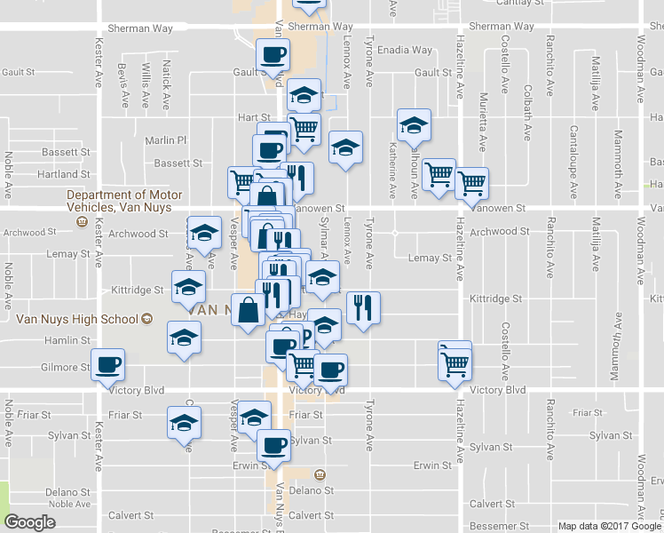 map of restaurants, bars, coffee shops, grocery stores, and more near 14351 Kittridge Street in Los Angeles