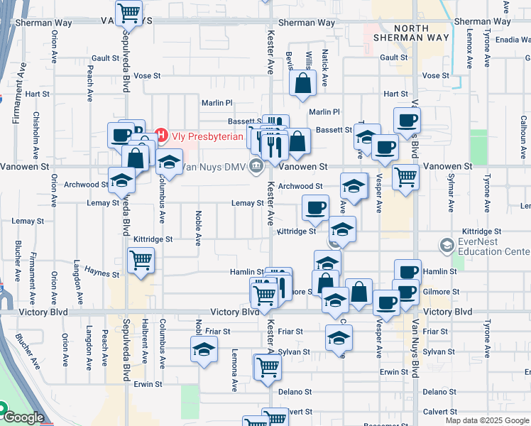 map of restaurants, bars, coffee shops, grocery stores, and more near 6605 Kester Avenue in Los Angeles