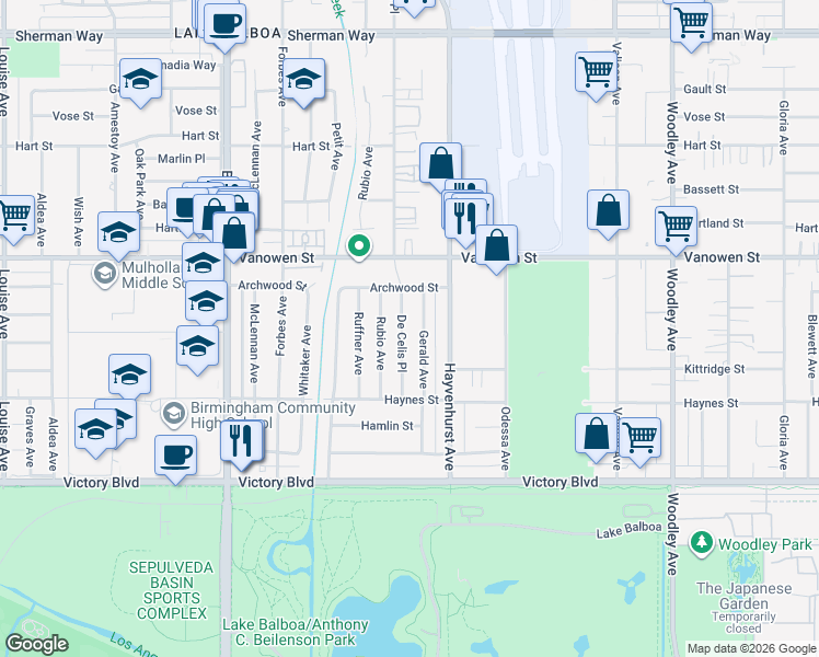 map of restaurants, bars, coffee shops, grocery stores, and more near 6640 De Celis Place in Los Angeles