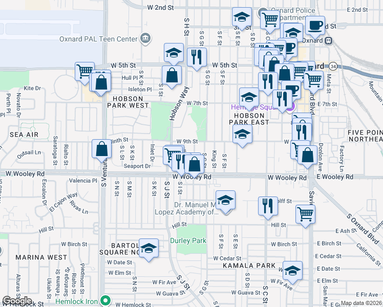 map of restaurants, bars, coffee shops, grocery stores, and more near 1024 South H Street in Oxnard