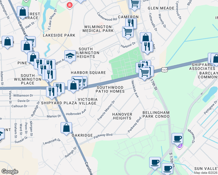 map of restaurants, bars, coffee shops, grocery stores, and more near in Wilmington