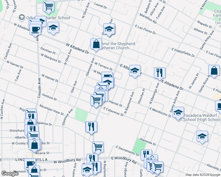 map of restaurants, bars, coffee shops, grocery stores, and more near 2696 Fair Oaks Avenue in Altadena