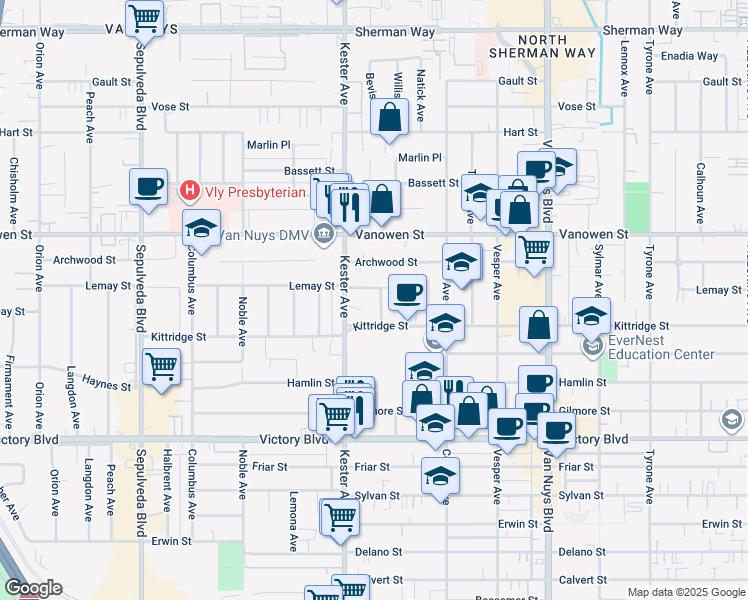 map of restaurants, bars, coffee shops, grocery stores, and more near 6631 Bevis Avenue in Los Angeles