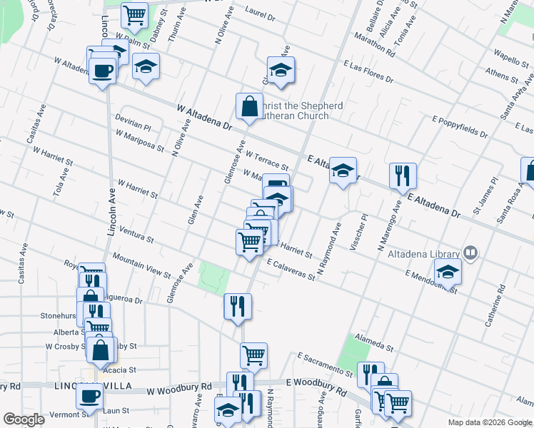 map of restaurants, bars, coffee shops, grocery stores, and more near in Altadena