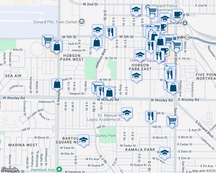 map of restaurants, bars, coffee shops, grocery stores, and more near 1024 South H Street in Oxnard