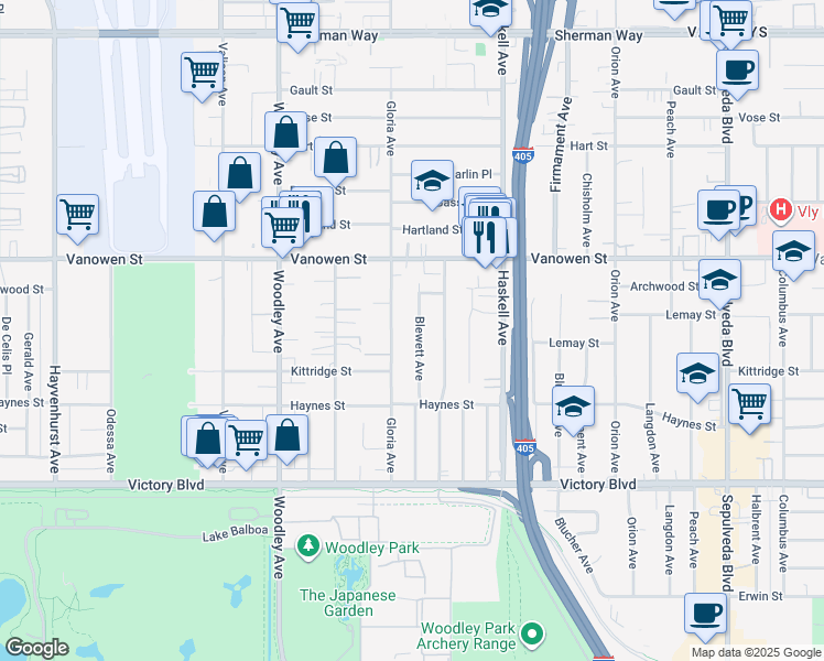 map of restaurants, bars, coffee shops, grocery stores, and more near 6645 Blewett Avenue in Los Angeles
