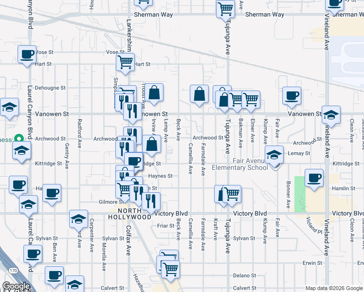 map of restaurants, bars, coffee shops, grocery stores, and more near 6648 1/2 Beck Avenue in Los Angeles