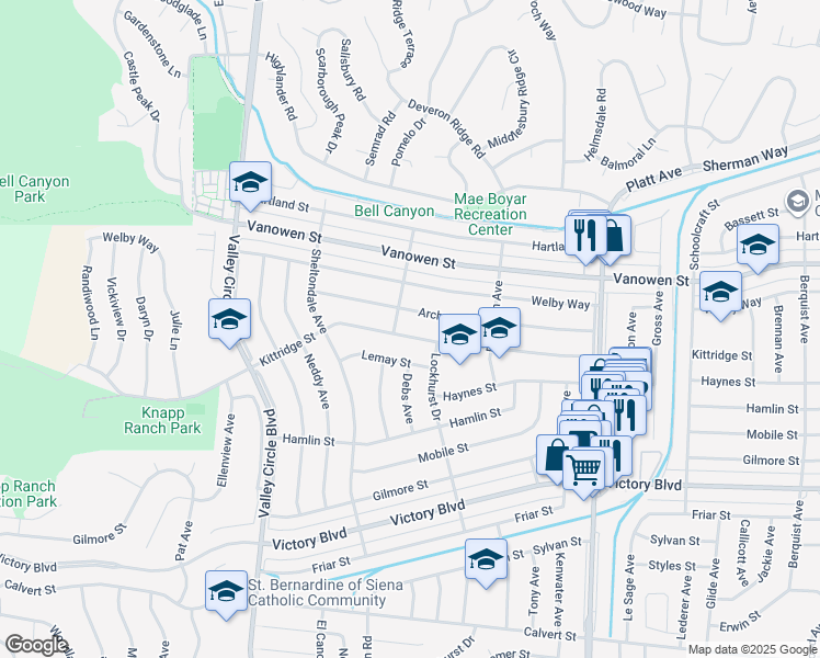 map of restaurants, bars, coffee shops, grocery stores, and more near 24033 Kittridge Street in Los Angeles