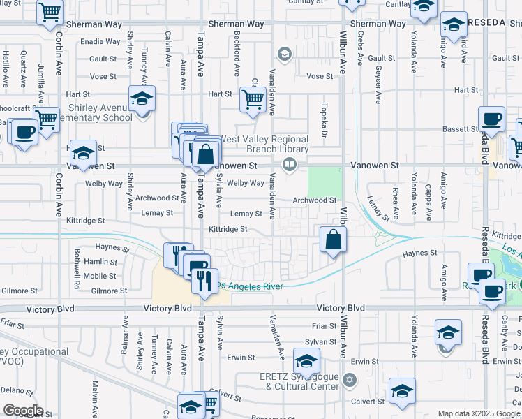 map of restaurants, bars, coffee shops, grocery stores, and more near 19119 Lemay Street in Los Angeles
