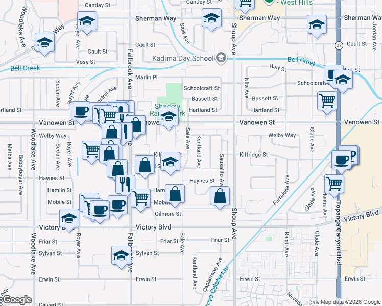 map of restaurants, bars, coffee shops, grocery stores, and more near 6650 Sale Avenue in Los Angeles