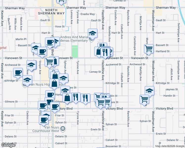 map of restaurants, bars, coffee shops, grocery stores, and more near 14152 Lemay Street in Los Angeles