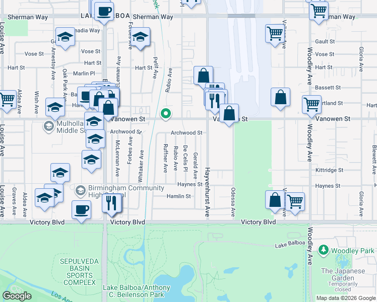 map of restaurants, bars, coffee shops, grocery stores, and more near 6640 De Celis Place in Los Angeles