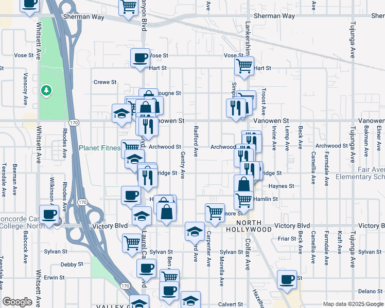 map of restaurants, bars, coffee shops, grocery stores, and more near 6624 Radford Avenue in Los Angeles