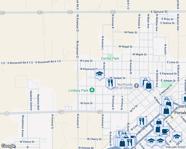 map of restaurants, bars, coffee shops, grocery stores, and more near 1401-1447 West Juniper Street in Portales