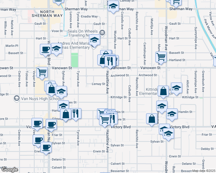 map of restaurants, bars, coffee shops, grocery stores, and more near 6632 Hazeltine Avenue in Los Angeles
