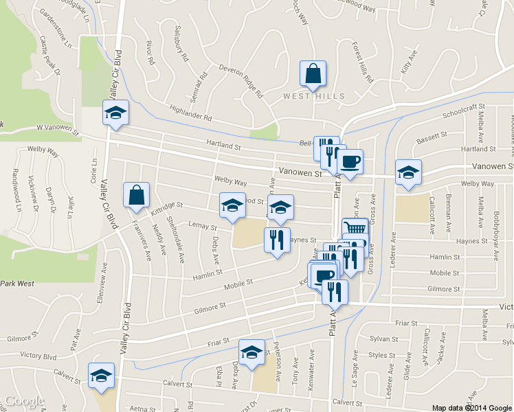 map of restaurants, bars, coffee shops, grocery stores, and more near 23922 Archwood Street in Los Angeles