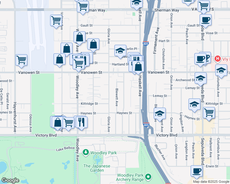 map of restaurants, bars, coffee shops, grocery stores, and more near 6645 Blewett Avenue in Los Angeles