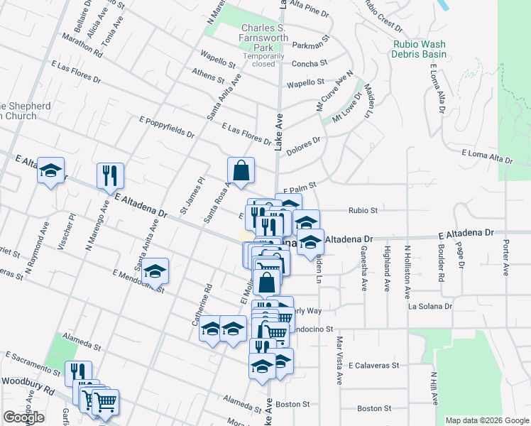 map of restaurants, bars, coffee shops, grocery stores, and more near 751 East Altadena Drive in Altadena