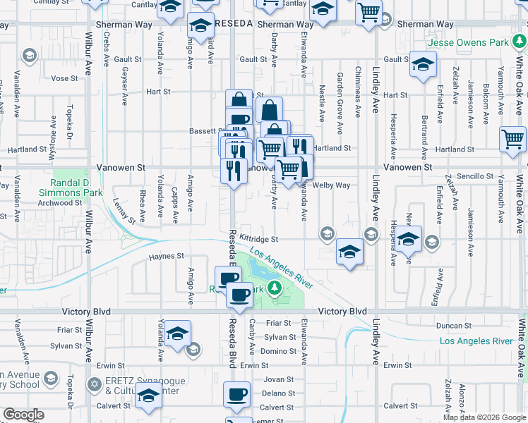 map of restaurants, bars, coffee shops, grocery stores, and more near 18431 Kittridge Street in Los Angeles