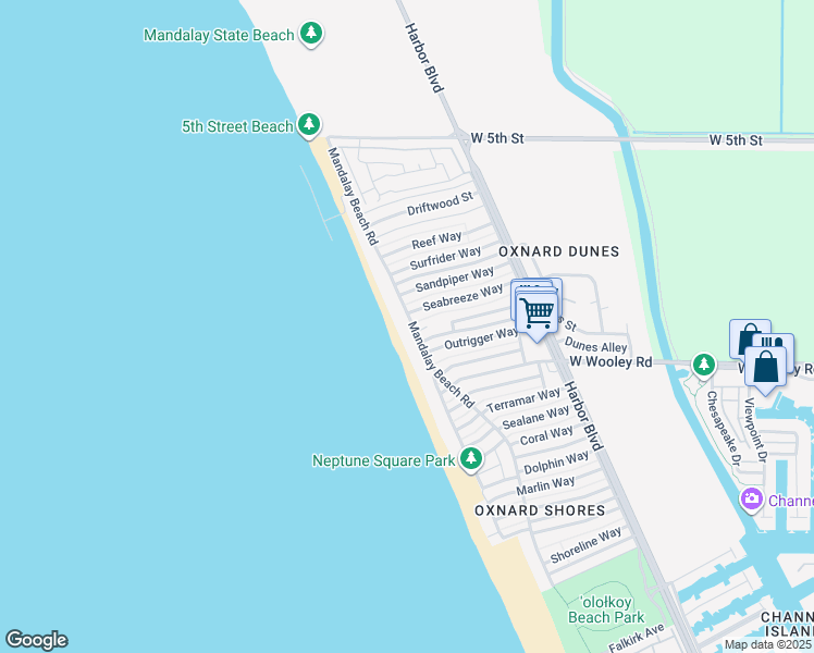 map of restaurants, bars, coffee shops, grocery stores, and more near 1051 Mandalay Beach Road in Oxnard