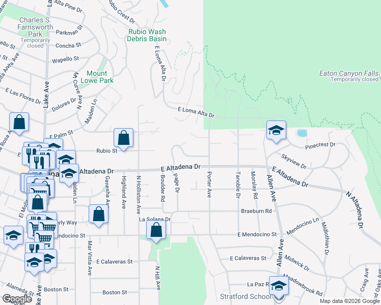 map of restaurants, bars, coffee shops, grocery stores, and more near 1545 East Altadena Drive in Altadena