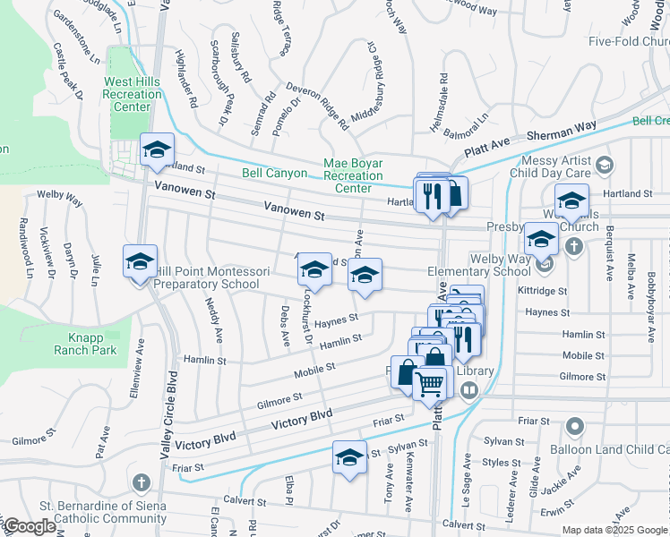 map of restaurants, bars, coffee shops, grocery stores, and more near 23928 Archwood Street in Los Angeles