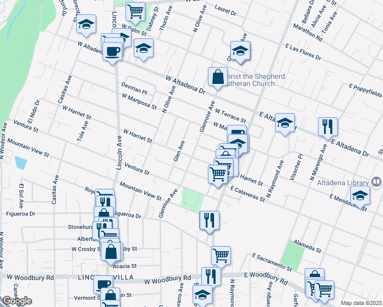 map of restaurants, bars, coffee shops, grocery stores, and more near 122 West Harriet Street in Altadena