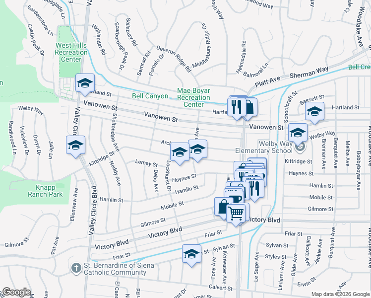 map of restaurants, bars, coffee shops, grocery stores, and more near 23922 Archwood Street in Los Angeles