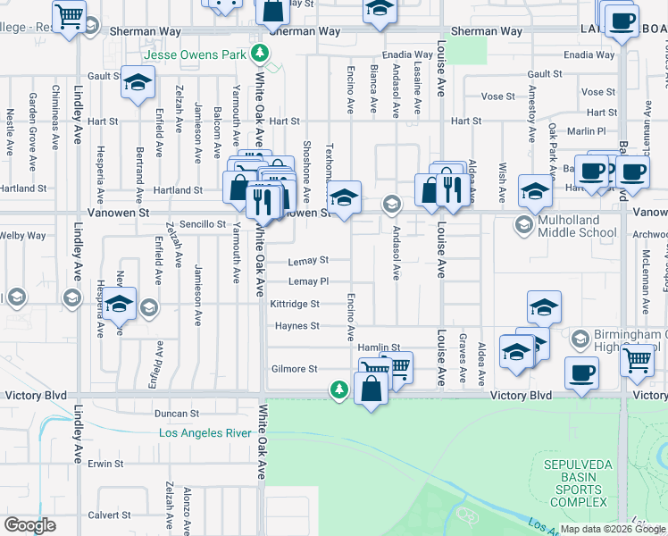 map of restaurants, bars, coffee shops, grocery stores, and more near 17522 Lemay Street in Los Angeles