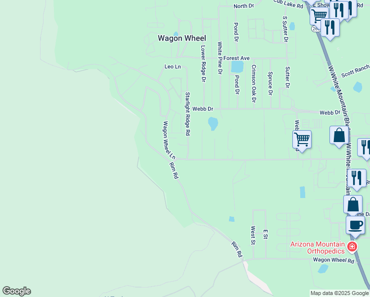 map of restaurants, bars, coffee shops, grocery stores, and more near 5621 Starlight Ridge Road in Pinetop-Lakeside