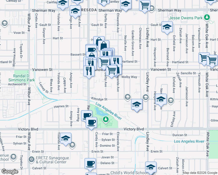 map of restaurants, bars, coffee shops, grocery stores, and more near 6652 Darby Avenue in Los Angeles